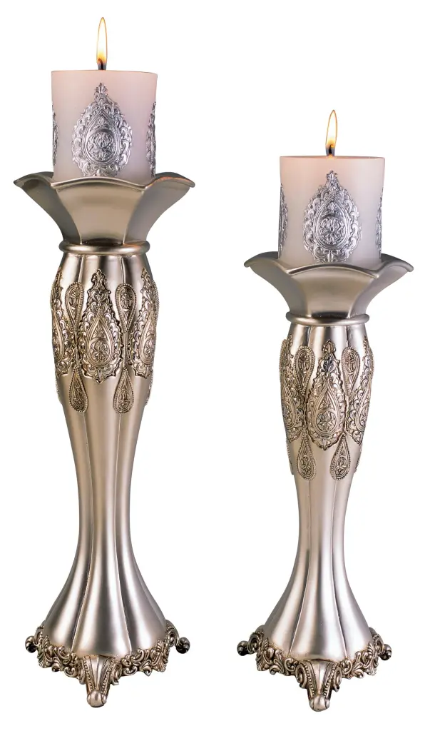 12 And 14 Tall Polyresin Candleholder Shiny Metal Royal Design Set 2 california home