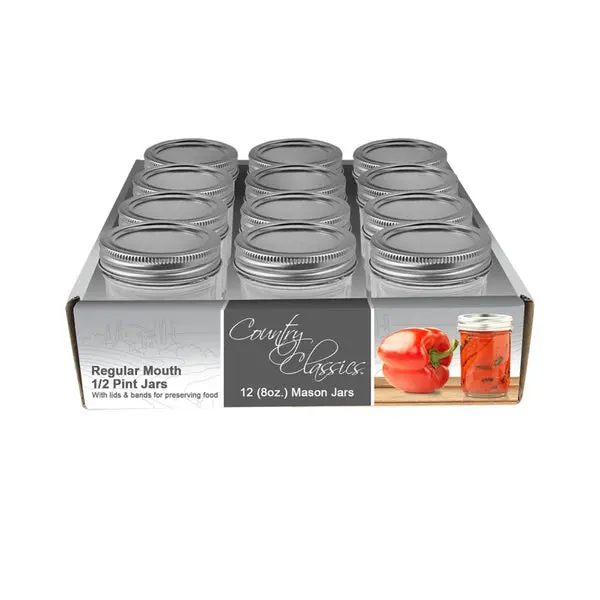 Country Classics CCCJ-008-12PK-RM Regular Mouth Canning Jar 8 Oz Glass Jar Lid