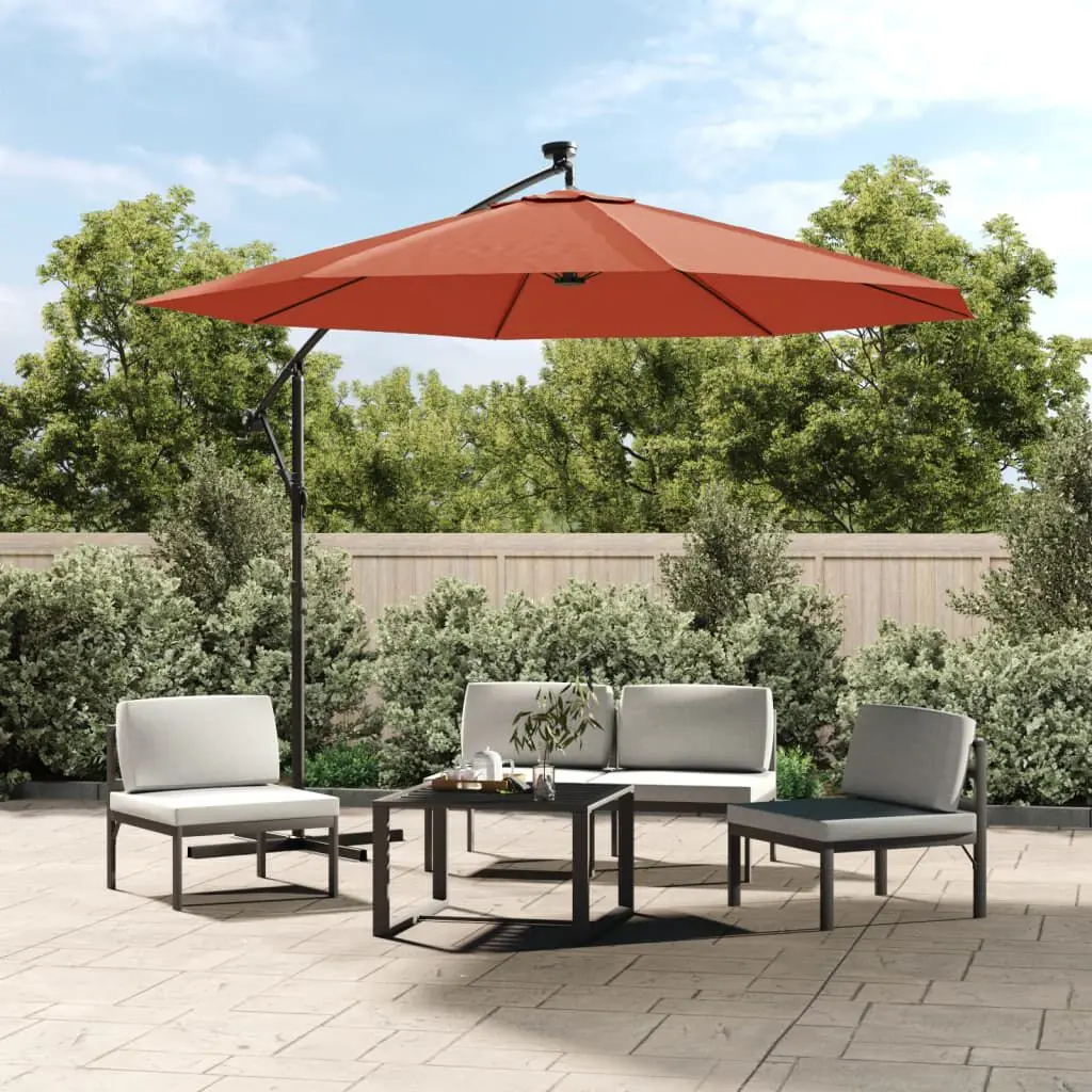 Cantilever Garden Parasol LED Lights and Steel Pole Terracotta Outdoor Patio Umbrella