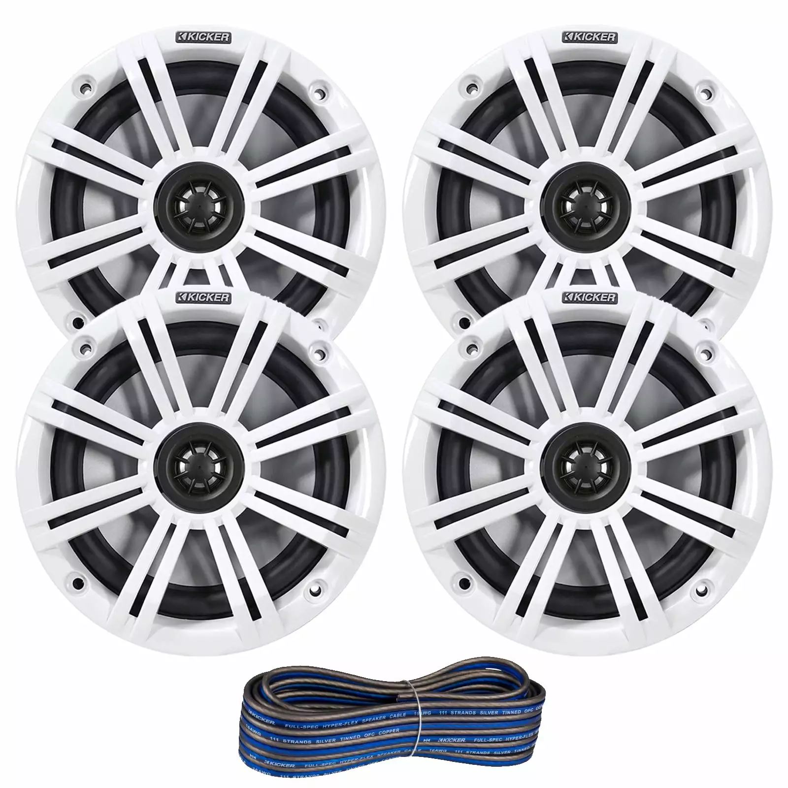 2 Pair Kicker 6.5 2-Way 195 Watts Max Power Coaxial Marine Audio Speakers White Grilles and 50-Feet 16 Gauge Speaker Wire