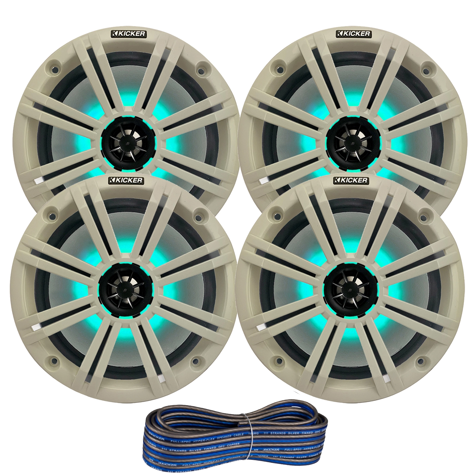 2 Pair Kicker 8 2-Way 300 Watts Max Power Coaxial Marine Audio MultiColor LED Speakers White Grilles and 50-Feet Speaker Wire