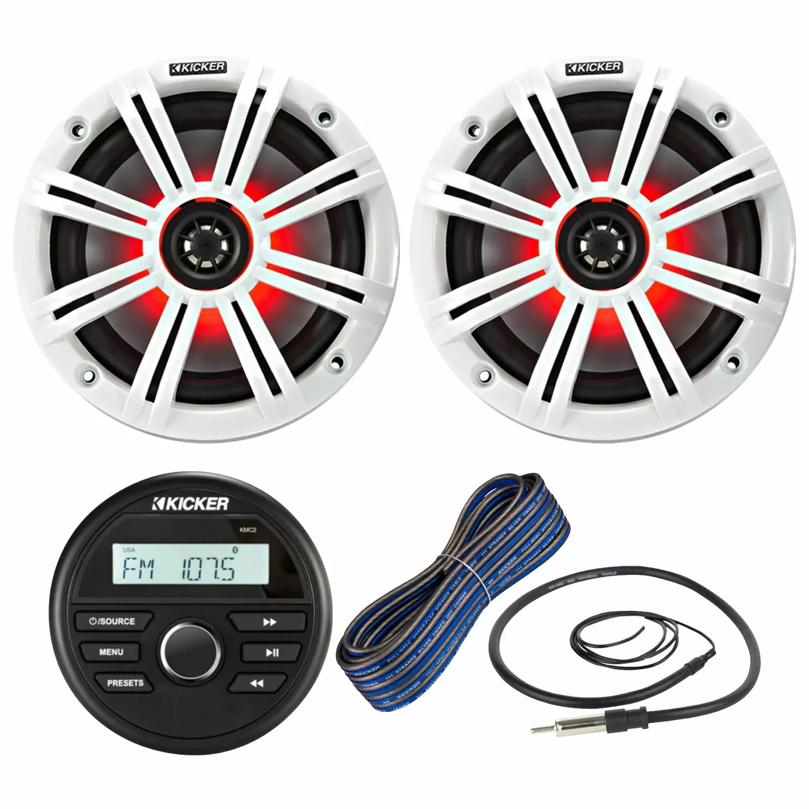 Kicker All-Weather Marine Gauge Style Bluetooth USB Stereo Receiver Bundle 6.5 2-Way 195W Max Coaxial Marine LED Speakers