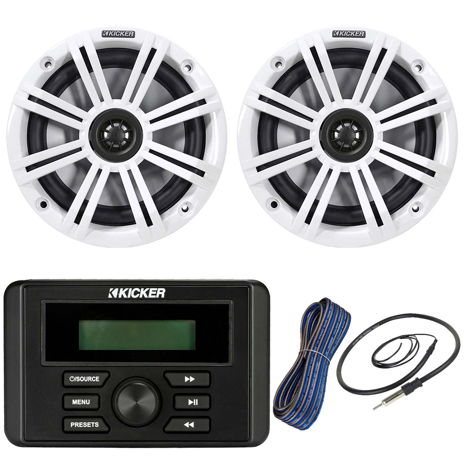 Kicker Weather-Resistant Marine Bluetooth USB RCA Stereo Receiver Bundle 1 Pair 6.5 2-Way 195W Max Coaxial Marine Speakers