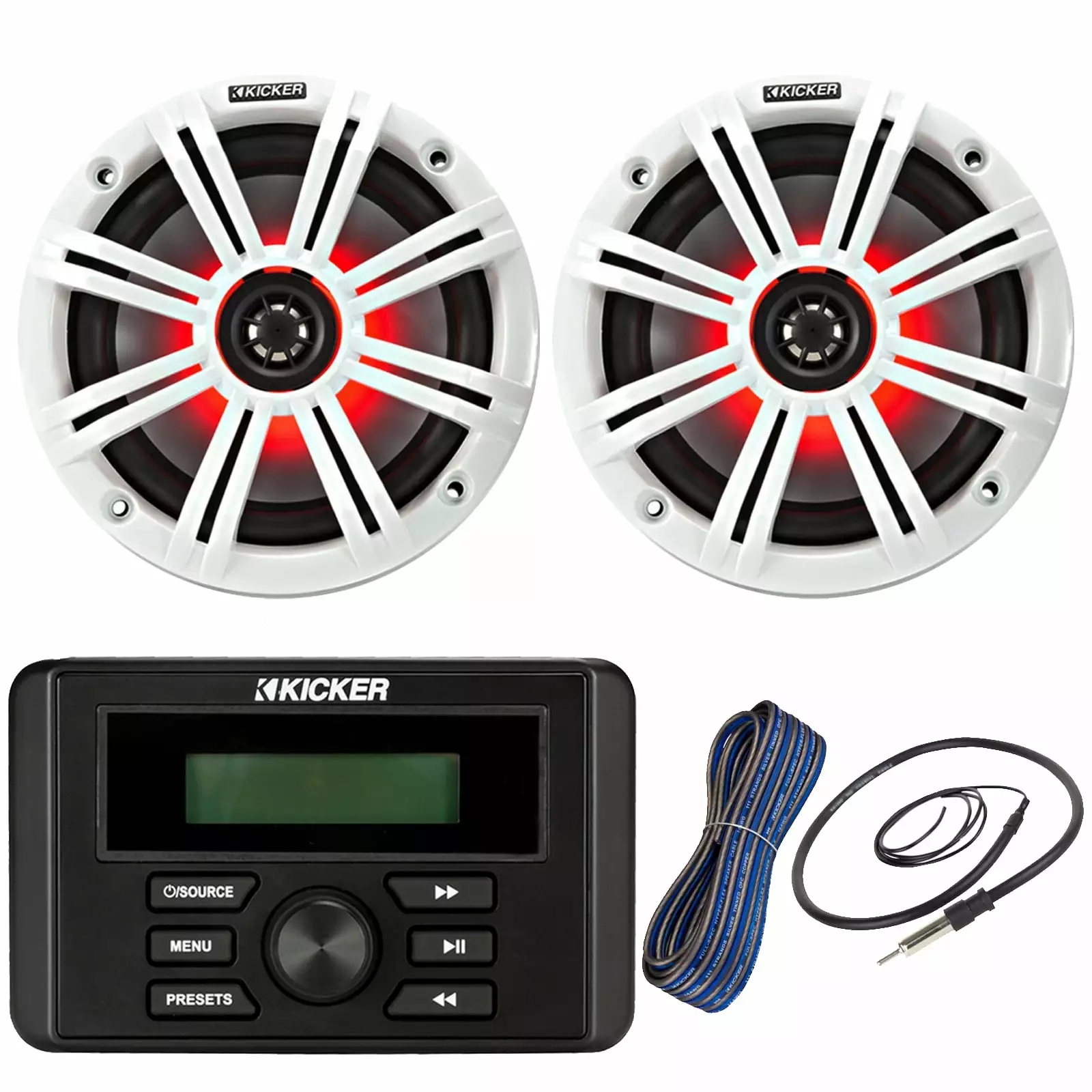 Kicker Weather-Resistant Marine Bluetooth USB RCA Stereo Receiver Bundle 6.5 2-Way 195W Max Coaxial Marine LED Speakers