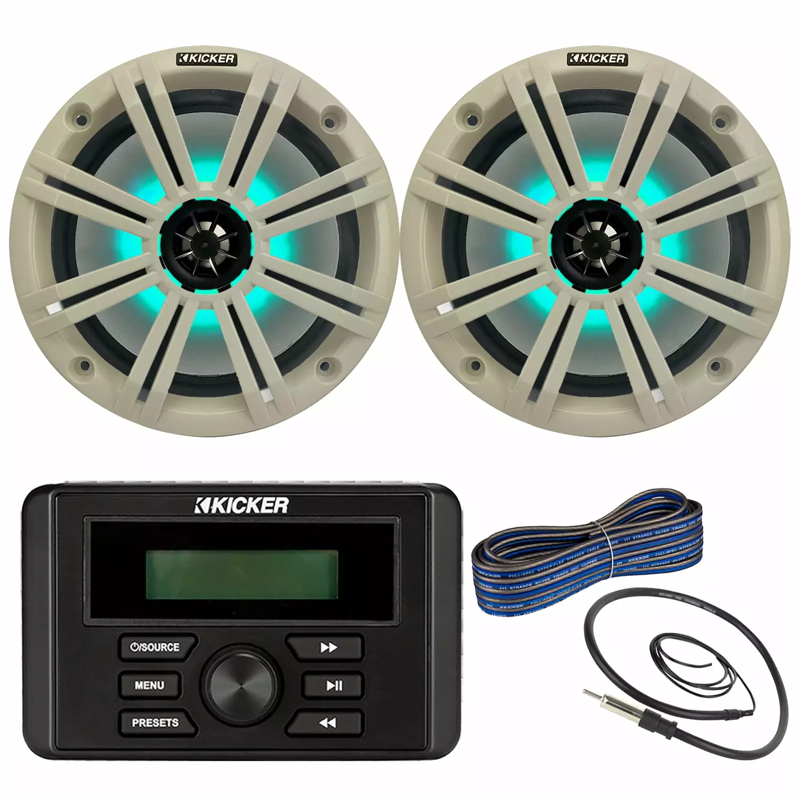 Kicker Weather-Resistant Marine Bluetooth USB RCA Stereo Receiver Bundle 8 2-Way 300W Max Coaxial Marine LED Speakers