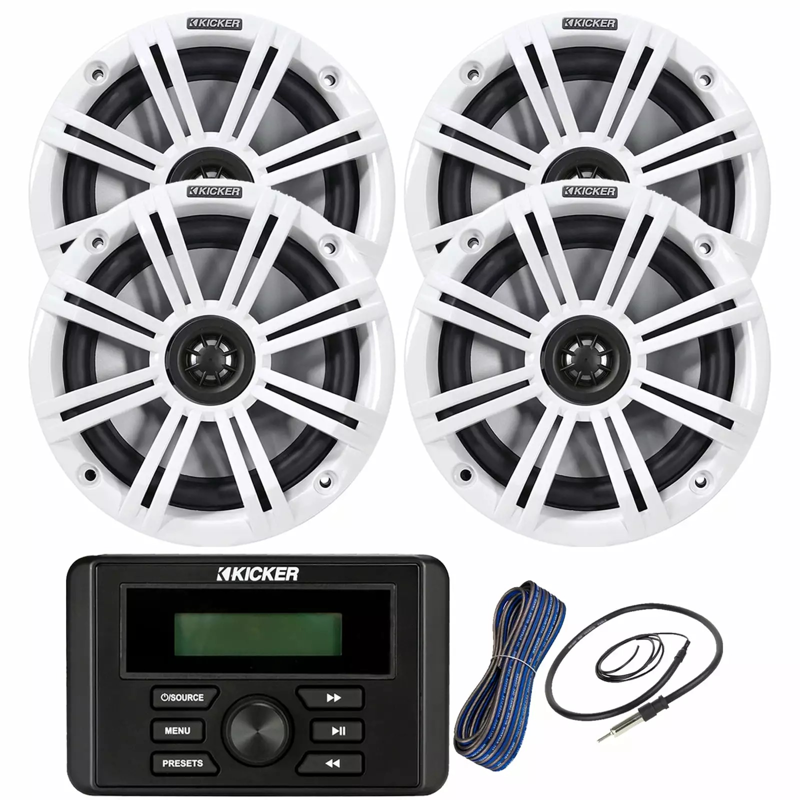 Kicker Weather-Resistant Marine Bluetooth USB RCA Stereo Receiver Bundle 2 Pair 6.5 2-Way 195W Max Coaxial Marine Speakers
