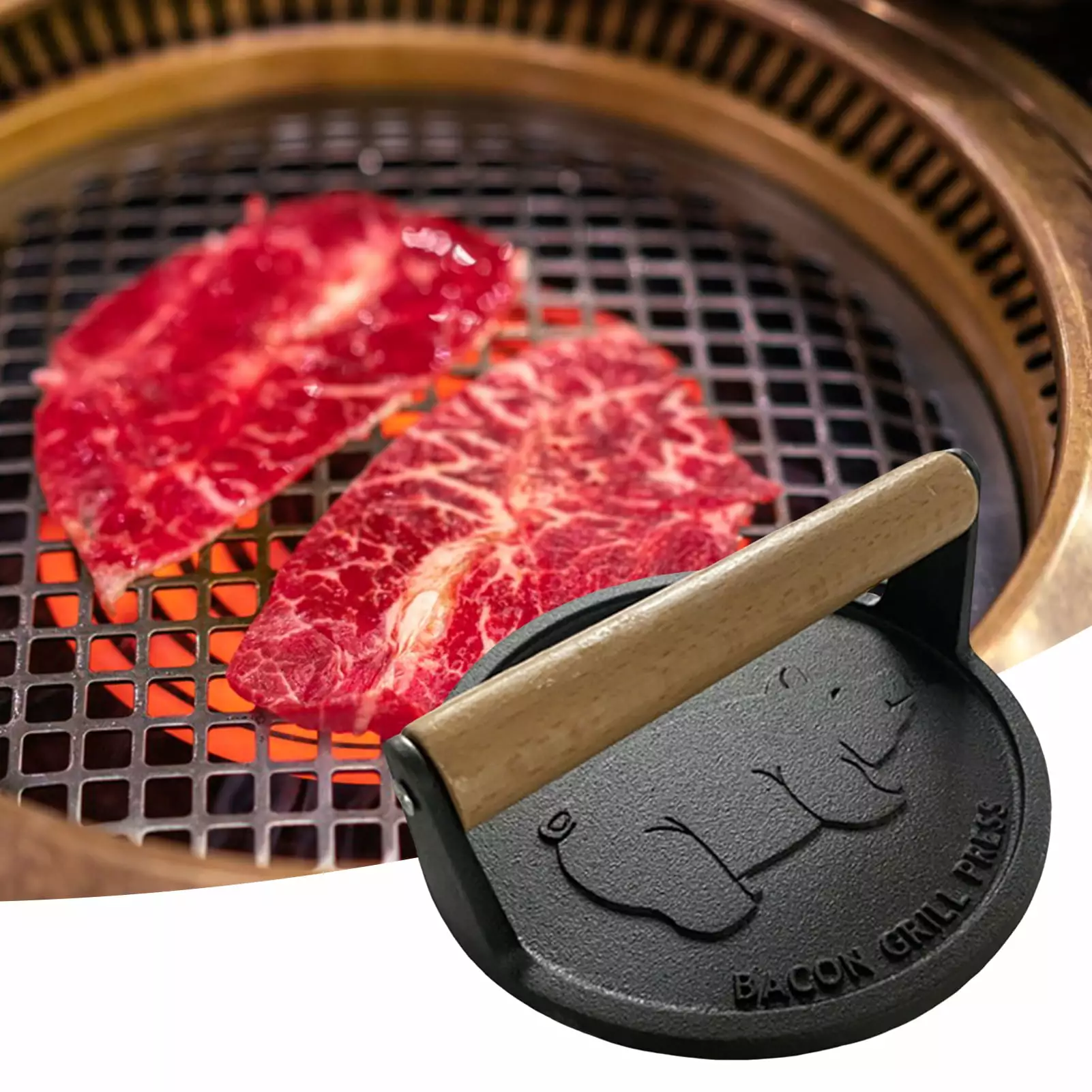 Kaioher Burger Press Wooden Handle Heavy Duty Cast Iron Nonstick Bacon Press Piggy Pattern Round Meat Press