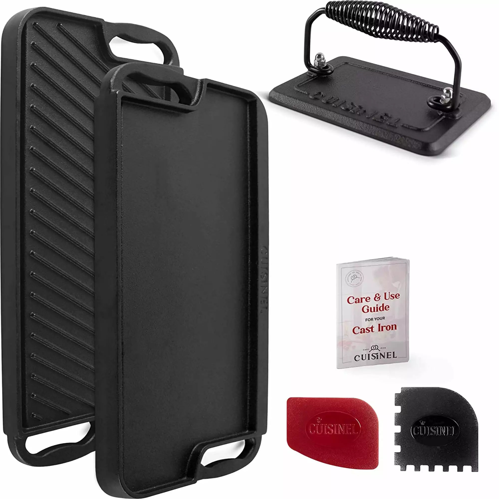 Cuisinel Pre-Seasoned Reversible Cast Iron Griddle Grill Combo Burger Press and Pan Scrapers 20 Inch 16