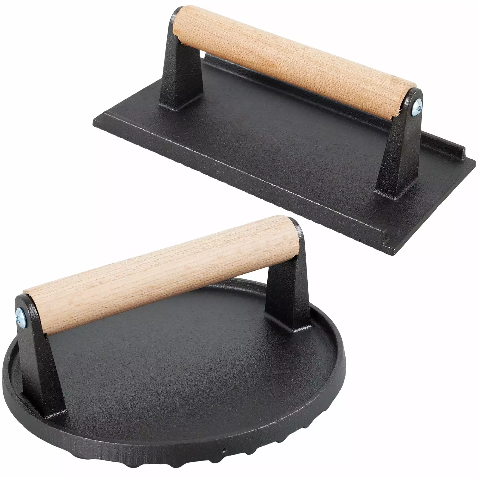 Ihvewuo Burger Press Cast Iron Burger Smasher Wood Handle 7 Inch Round Grill Press 8.34.32.8 Inch Rectangular Bacon Press ...