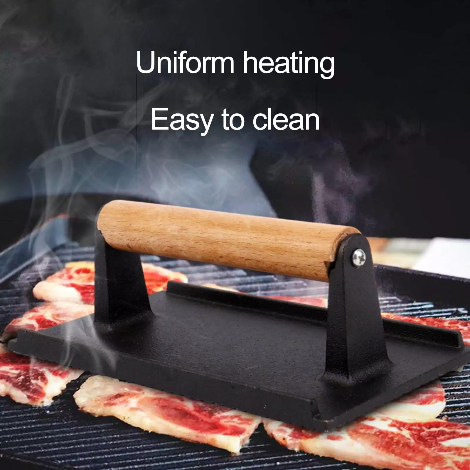 Tnobhg Rectangle Cast Iron Bacon Press Wood Handle Even-Heat Transfer Healthy Cooking Cozy Grip Meat Press