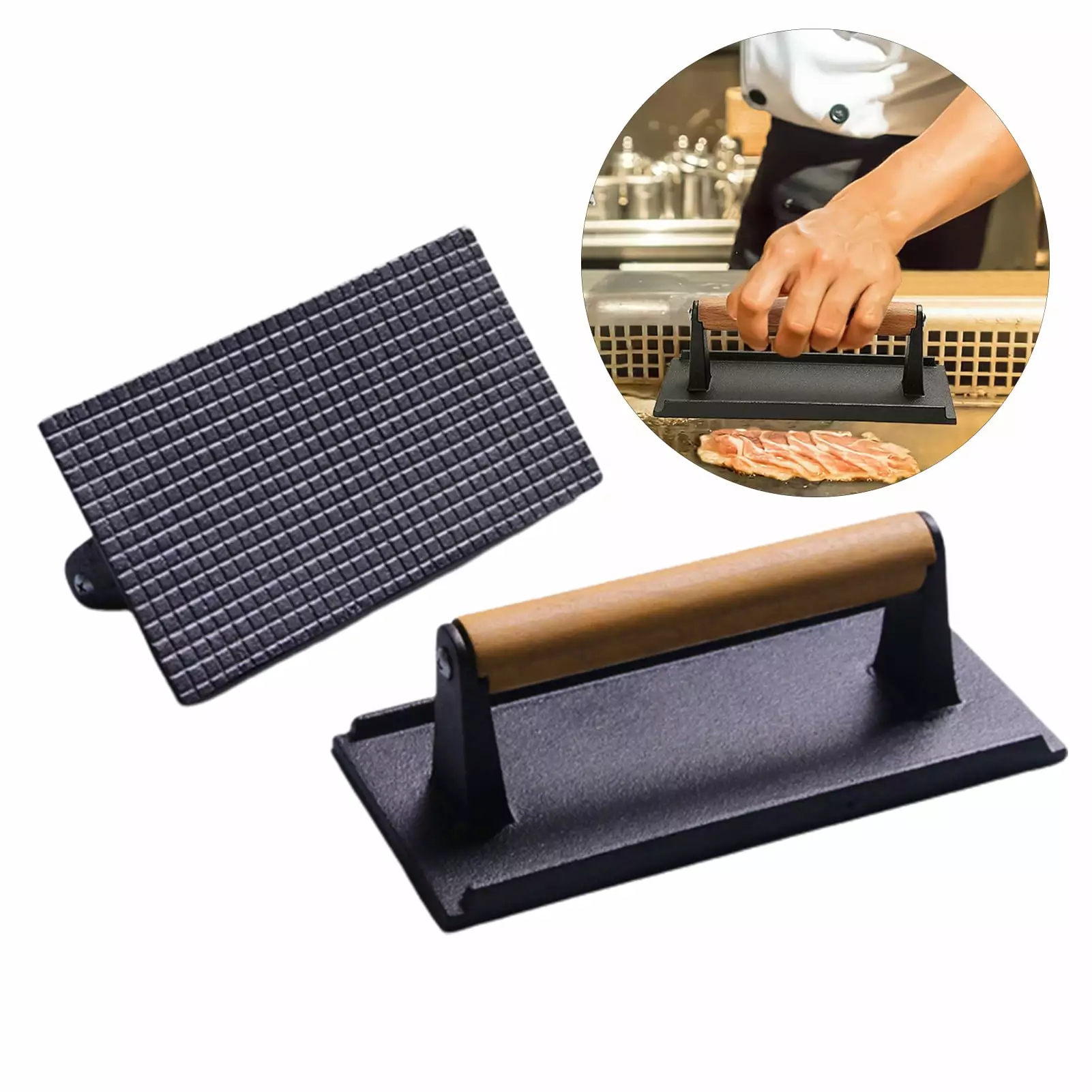 Washranp Cast Iron Grill Press Weight Wooden Handle Rectangle Bacon Hamburger Press Griddle Flat Top Teppanyaki