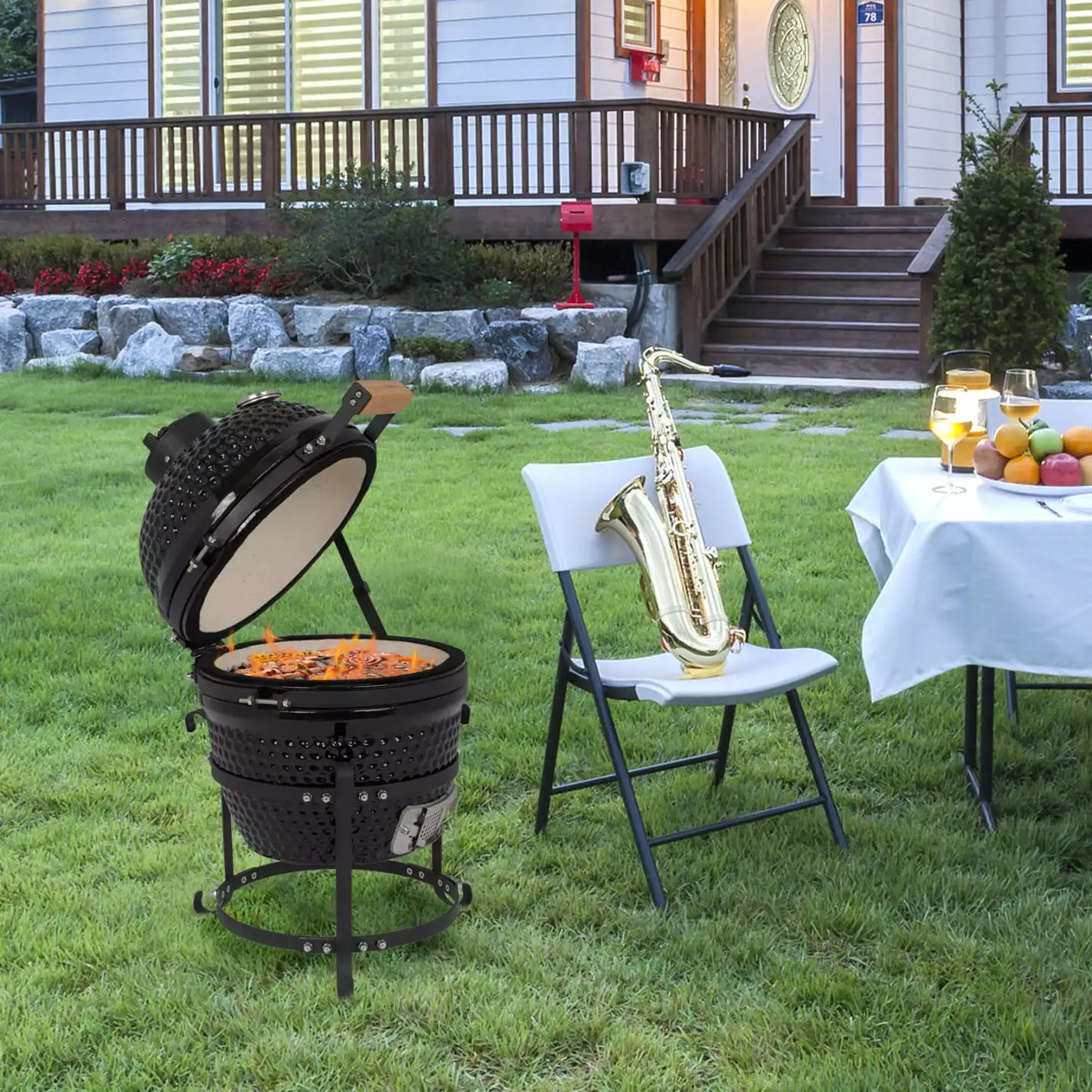 Round Ceramic Charcoal Grill Outdoor Camping Picnics Even Heat Distribution and Storage Lid