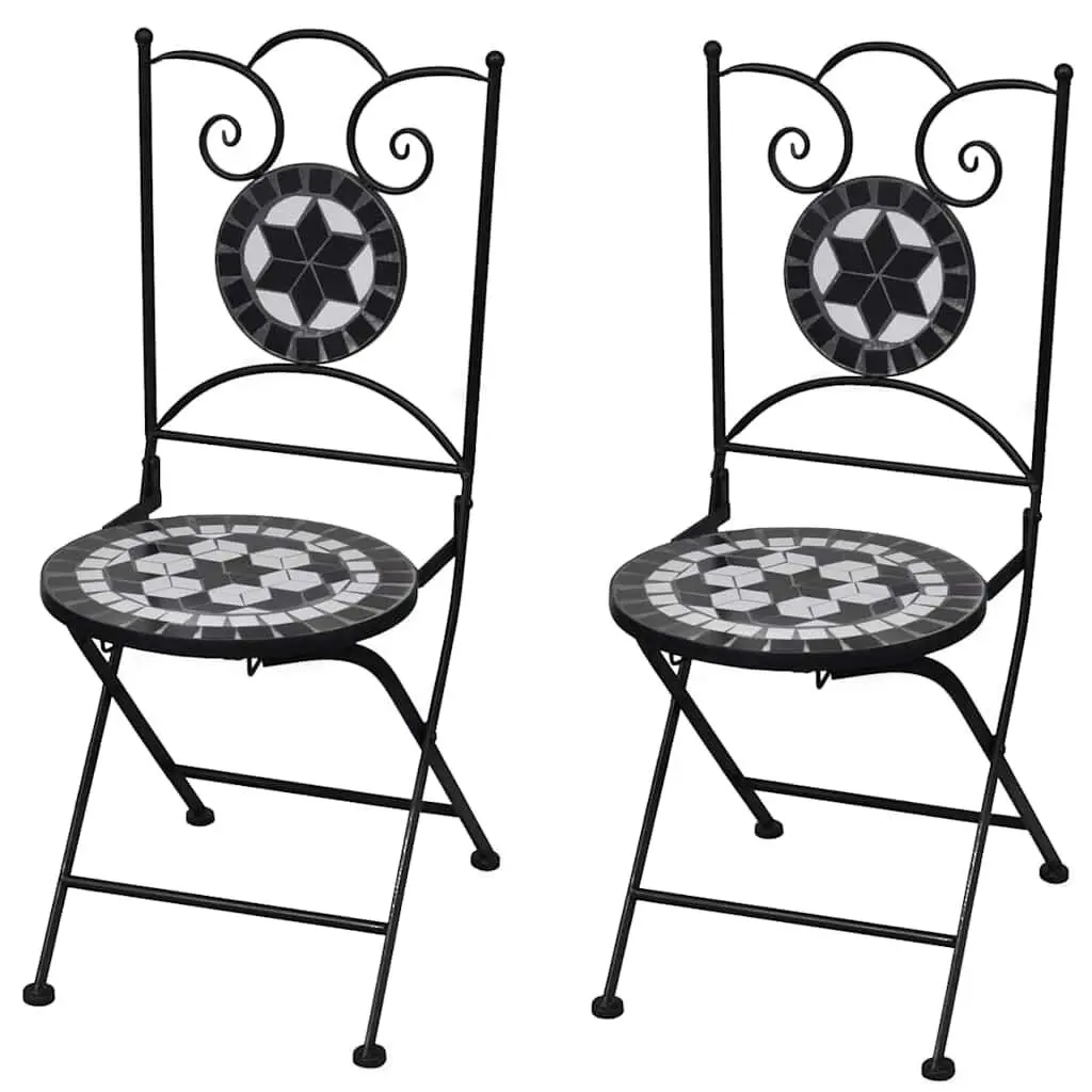 2 Piece Folding Bistro Chairs Ceramic Black and White Outdoor Indoor