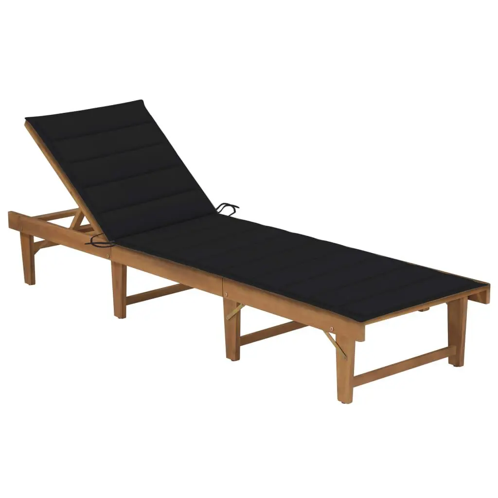 Folding Sun Lounger Cushion Solid Acacia Wood Adjustable Outdoor Recliner