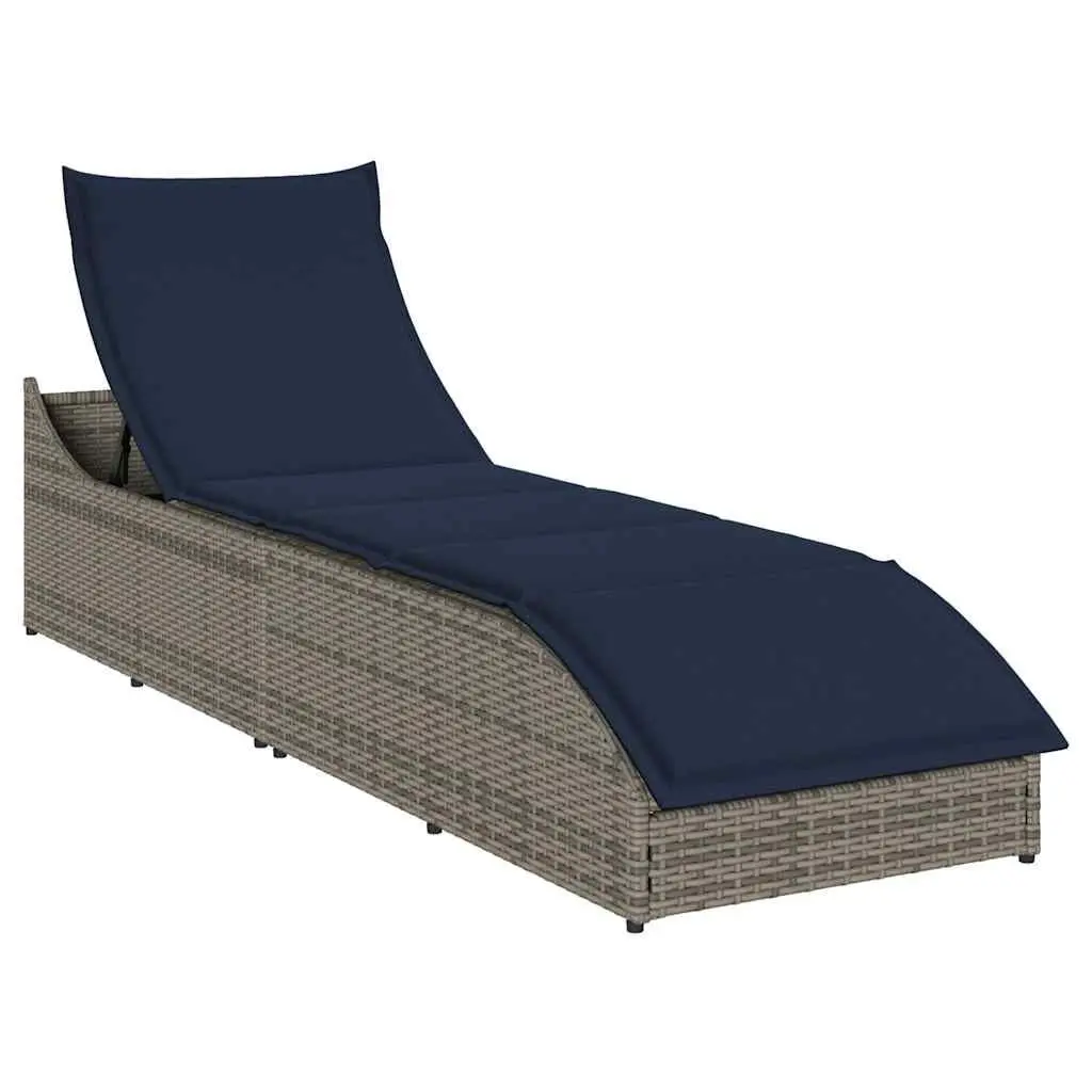 Folding Sun Lounger Cushion and Storage Gray Poly Rattan Outdoor Chaise Lounge