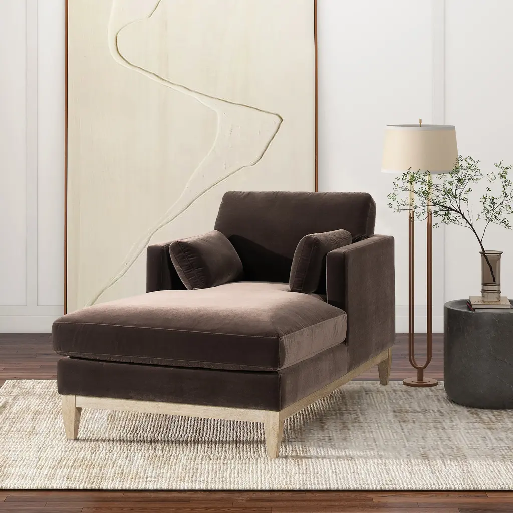 Knox 65 Inch Modern Farmhouse Chaise Lounge Chair Deep Brown Performance Fabric jennifer taylor home