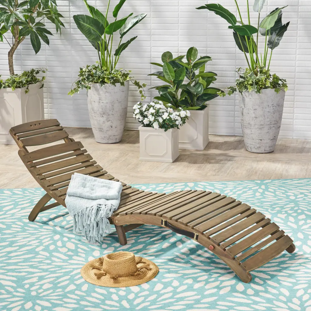 Lahaina Grey Wood Collapsible Chaise Lounge Outdoor Patio and Pool nh-ihave