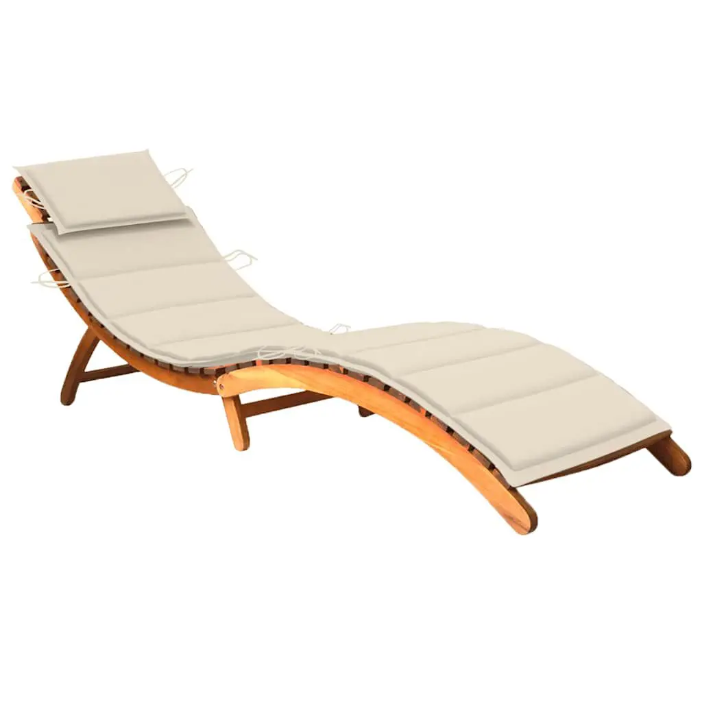 Patio Sun Lounger Cushion Solid Acacia Wood Poolside Chaise