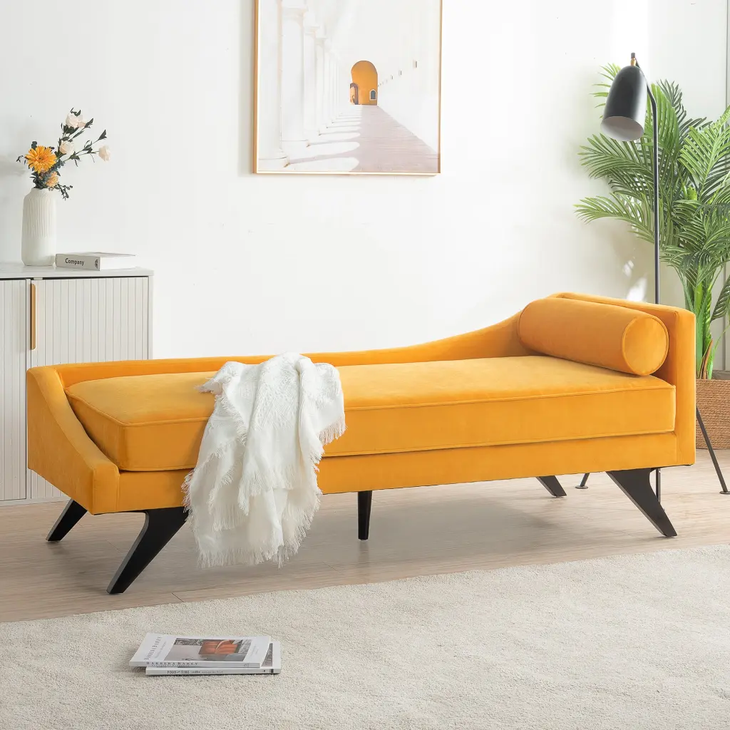 Right Square Arm Reclining Chaise Lounge Yellow Material Living Room Accent Chair rnb