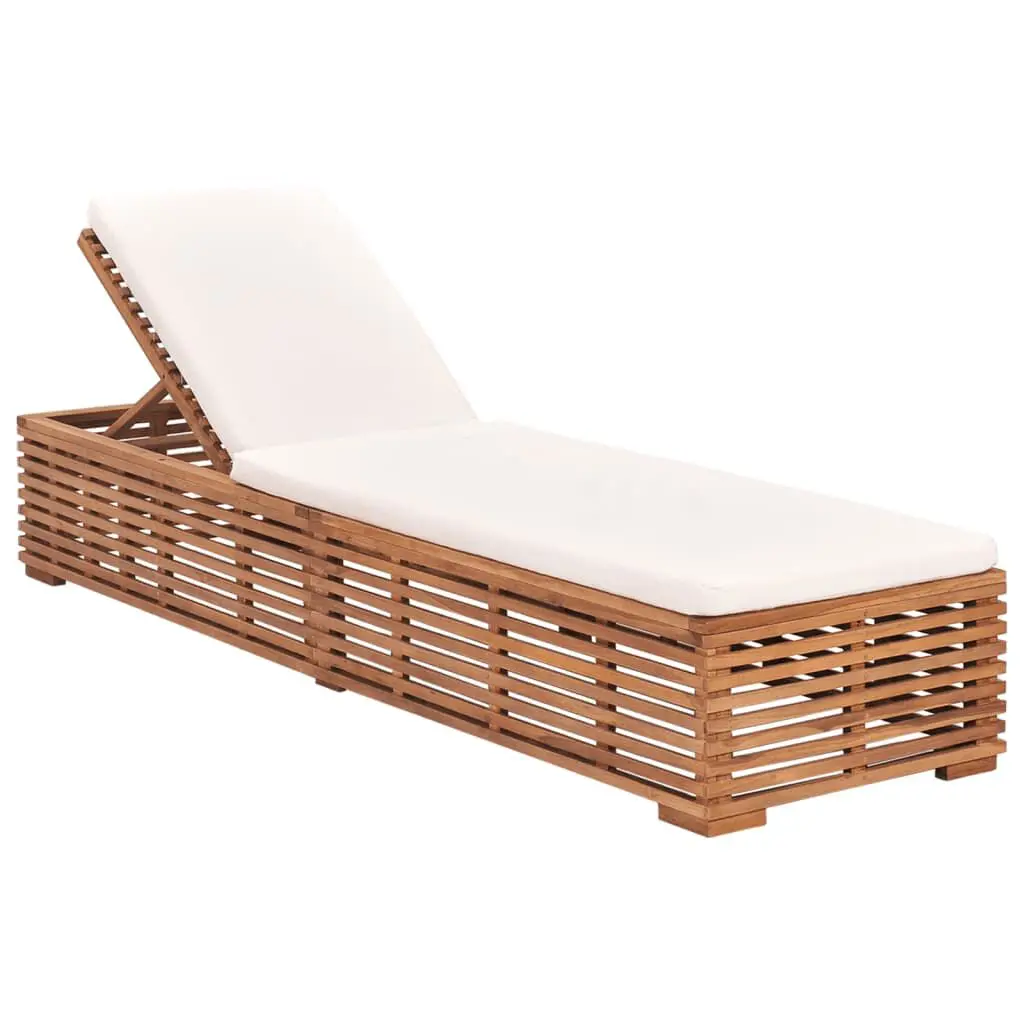 Sun Lounger Cream Cushion Solid Teak Wood Outdoor Poolside Furniture