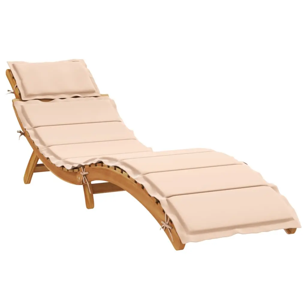 Sun Lounger Cushion Beige Solid Wood Acacia Poolside Chaise Lounge
