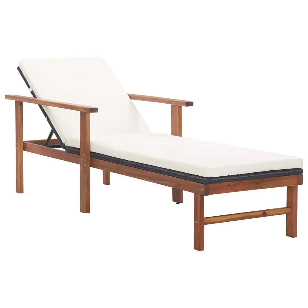 Sun Lounger Cushion Poly Rattan and Solid Acacia Wood Black Outdoor Chaise Lounge