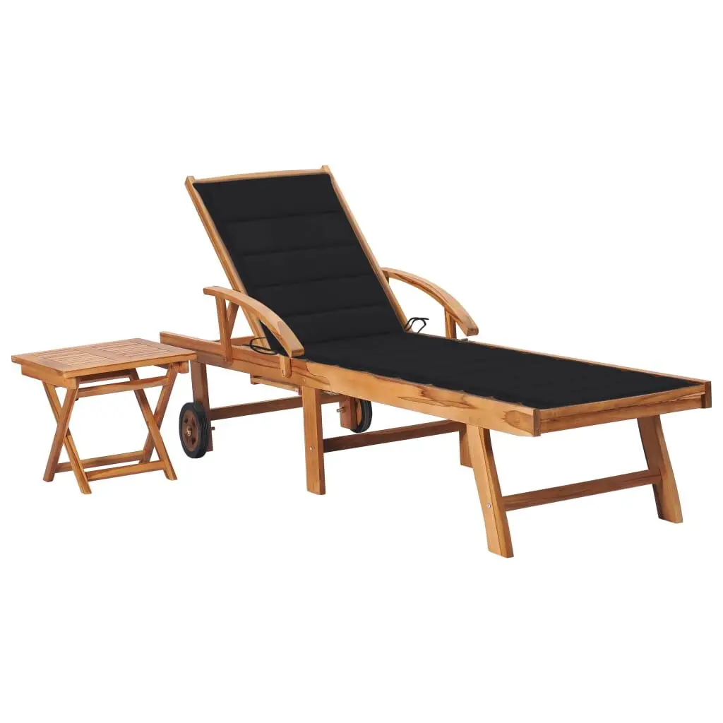 Sun Lounger Table and Cushion Solid Teak Wood Outdoor Chaise Lounge