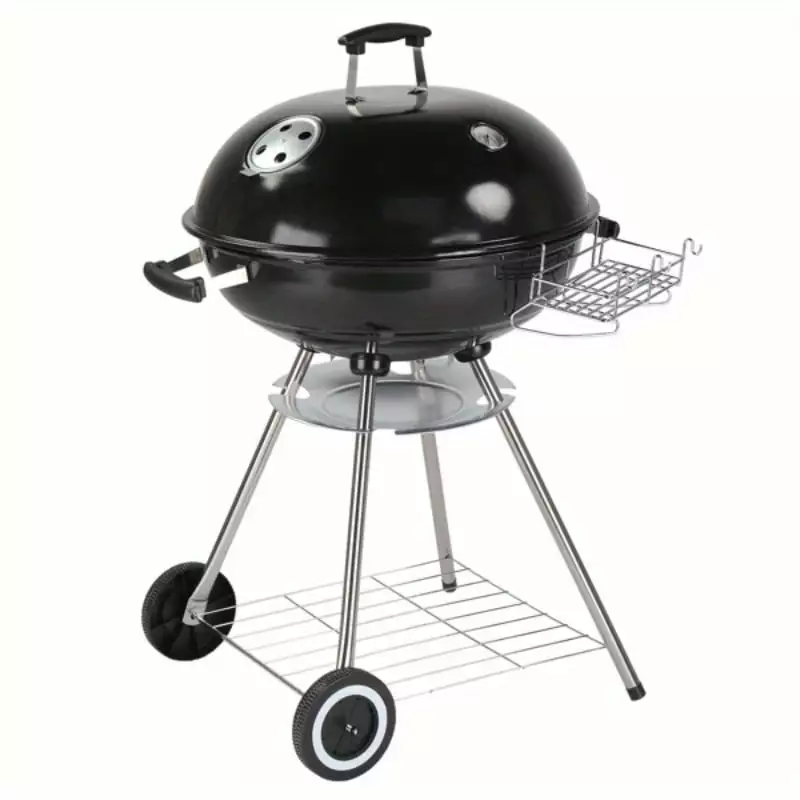 28 Inch Black Porcelain Enamel Charcoal Grill Round Cast Iron Outdoor BBQ Adjustable Grid Wheels 71x71x95cm