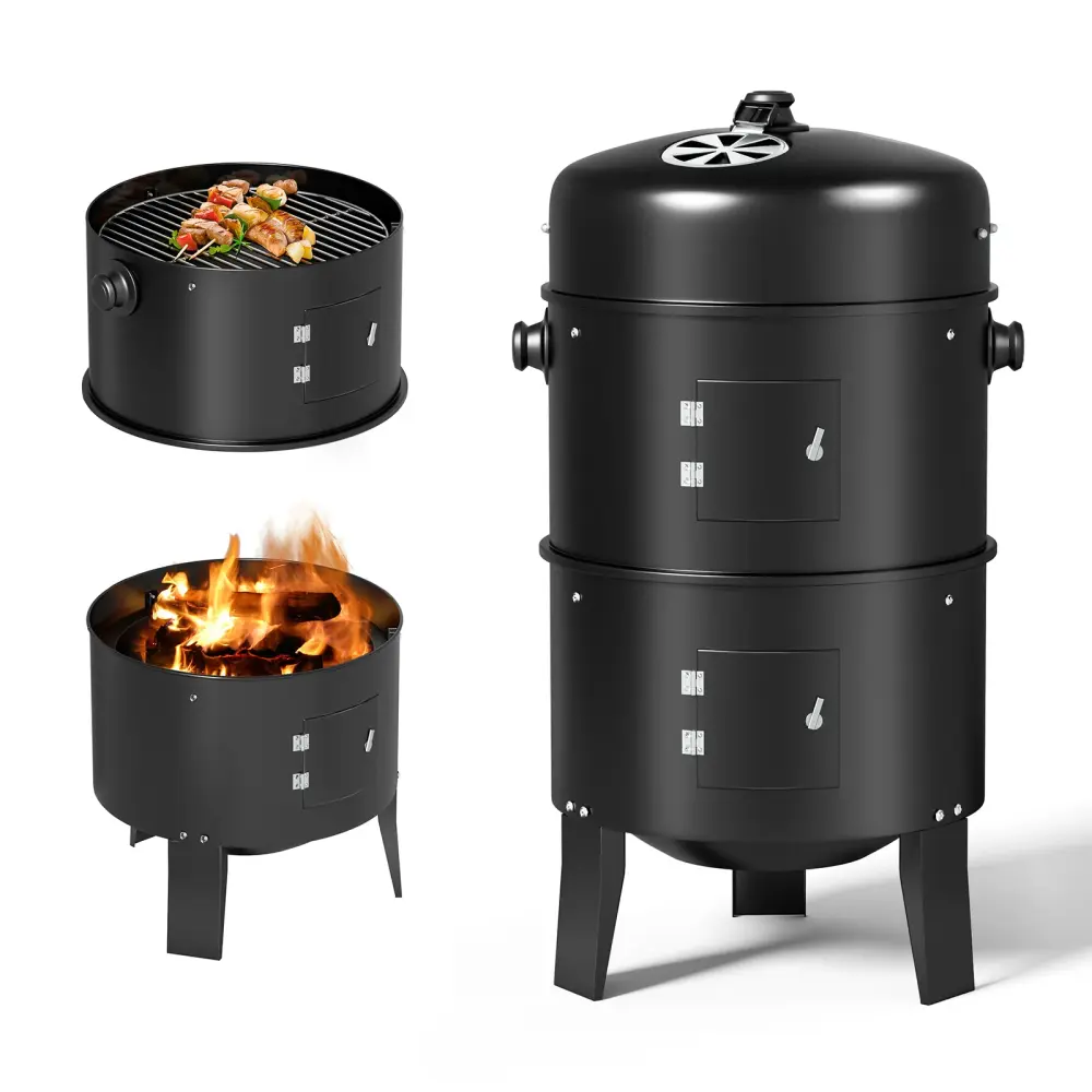 KingChii 3 1 Vertical Charcoal Smoker Grill BBQ Smoker Outdoor, Patio Backyard Camping, Onyx | 500 sq Cooking Area |