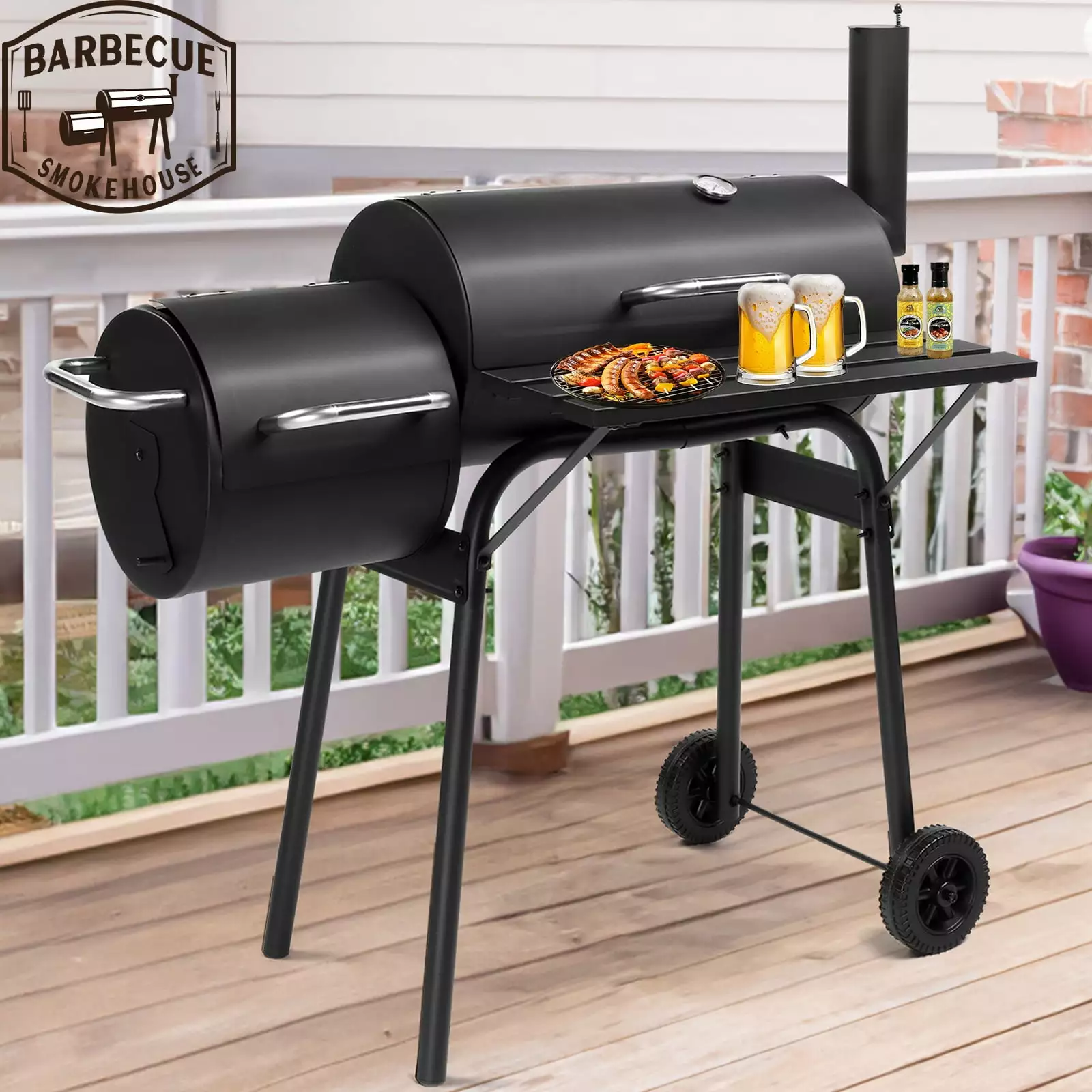 Seizeen Charcoal Grill Outdoor BBQ Grill and Smoker Storage Shelf Travel-friendly Barbecue Cooker on Wheels