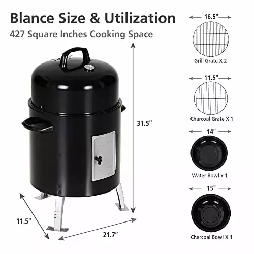 Sophia & William 17 Vertical Charcoal Smoker Grills Two-Tier Grates Heavy-Duty BBQ