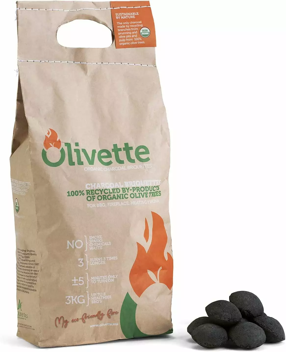 Olivette Organic Charcoal Briquettes USDA Organic Certified 100% Recycled Olive Tree Byproducts