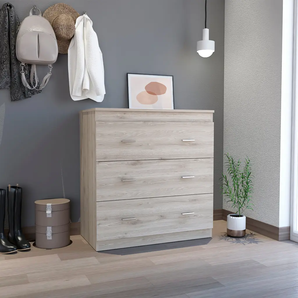 Calvetta 3 Drawer Dresser Light Grey Particle Board Modern Design furniture max