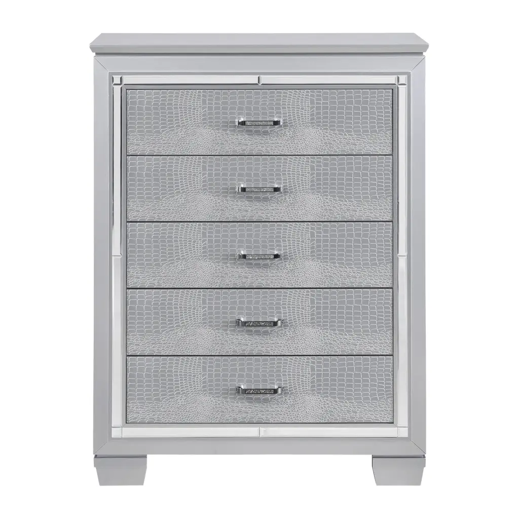 Glamorous Shiny Metal Finish Chest 5 Dovetail Drawers Faux Alligator kanepe