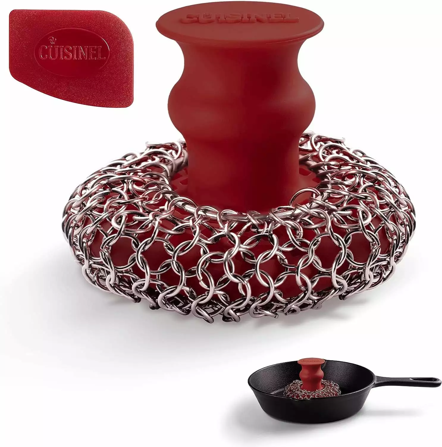 Cuisinel 2-Piece Cast Iron Cleaning Kit Chain Mail Scrubber Pan Scraper and Brush Grill Maintenance Chainmail