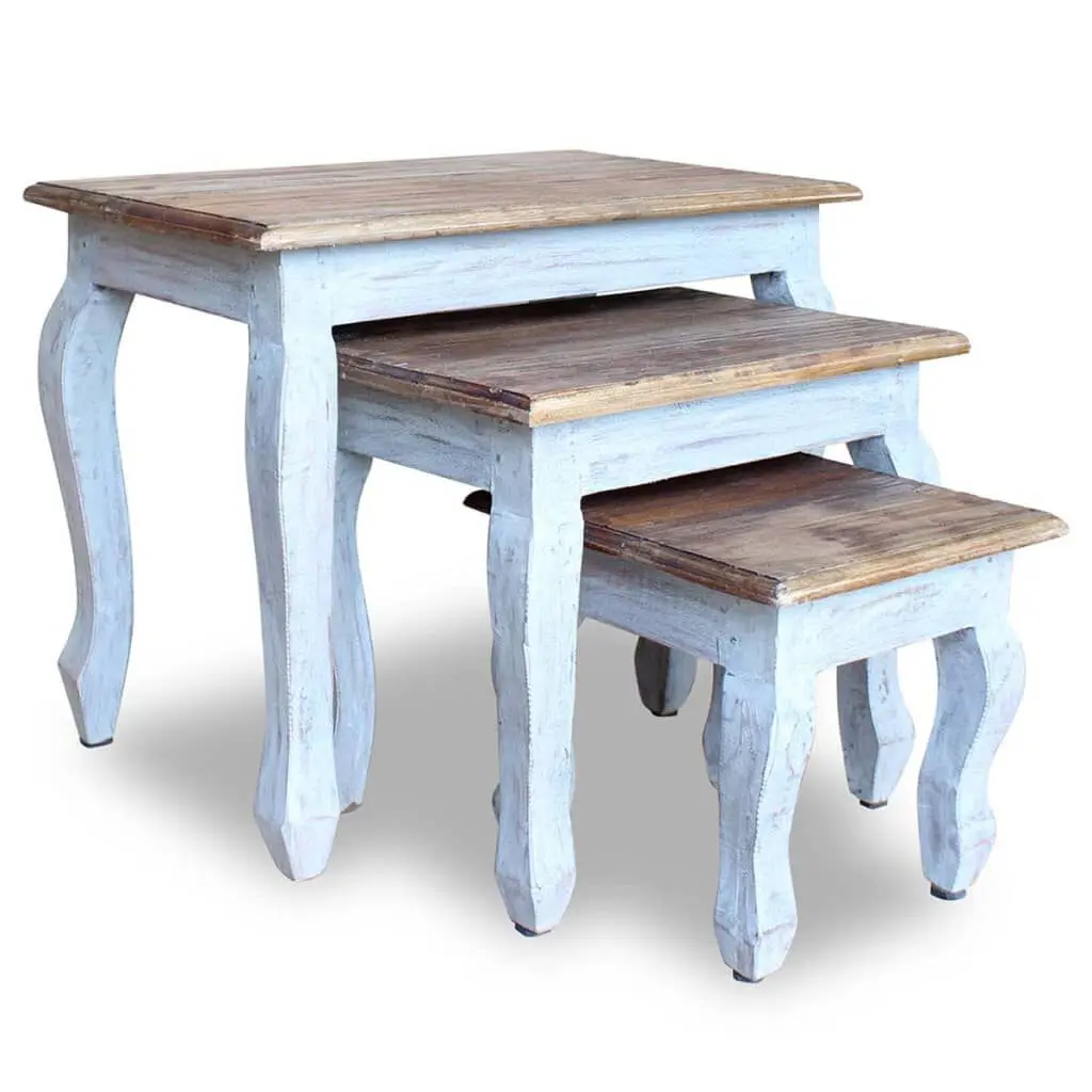 Nesting Table Set 3 Pieces Solid Mahogany Wood Compact Living Room Furniture