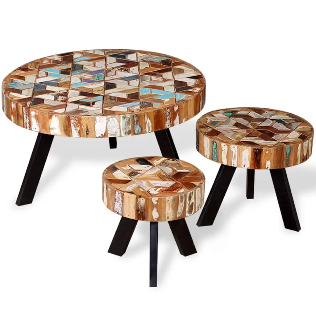 Three Piece Coffee Table Set Solid Reclaimed Wood Rustic Living Room Furniture