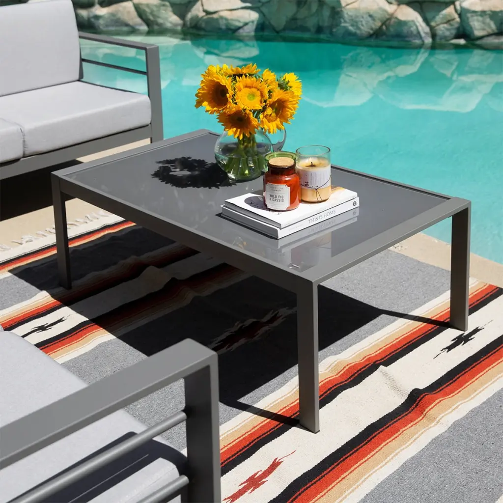 Barton 43 Inch Rectangle Outdoor Aluminum Coffee Table Tempered Glass Top Grey Patio Furniture