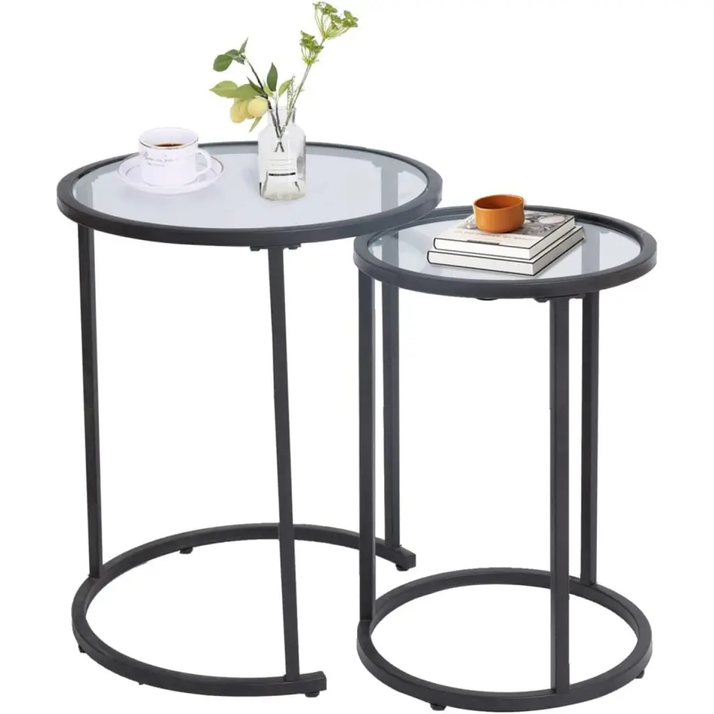 Bilot Round Glass Black Nesting Side Tables Set 2 Stacking Coffee Tables