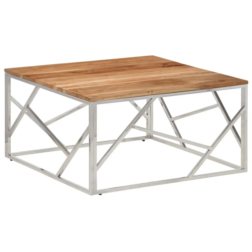 Coffee Table Silver Stainless Steel and Solid Acacia Wood Modern Living Room Furniture