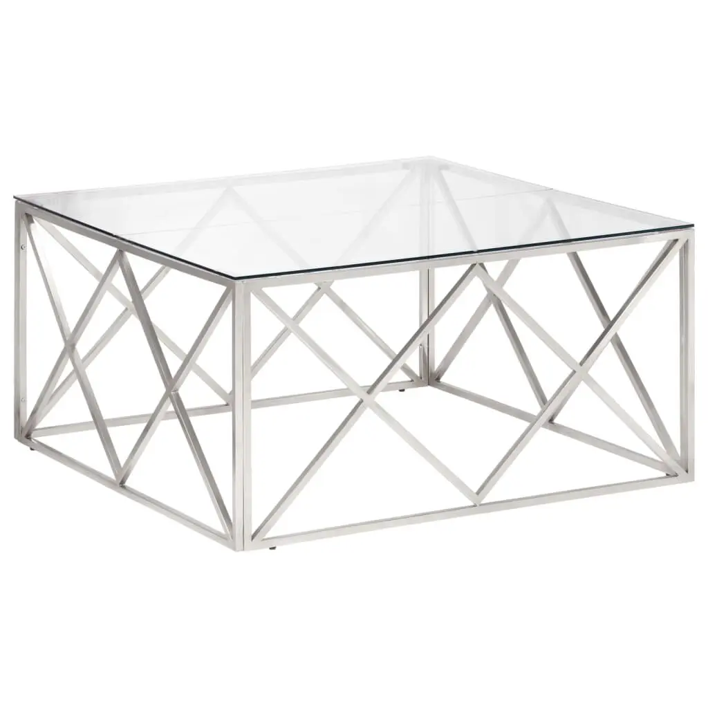 Coffee Table Silver Stainless Steel and Tempered Glass Modern Living Room Centerpiece