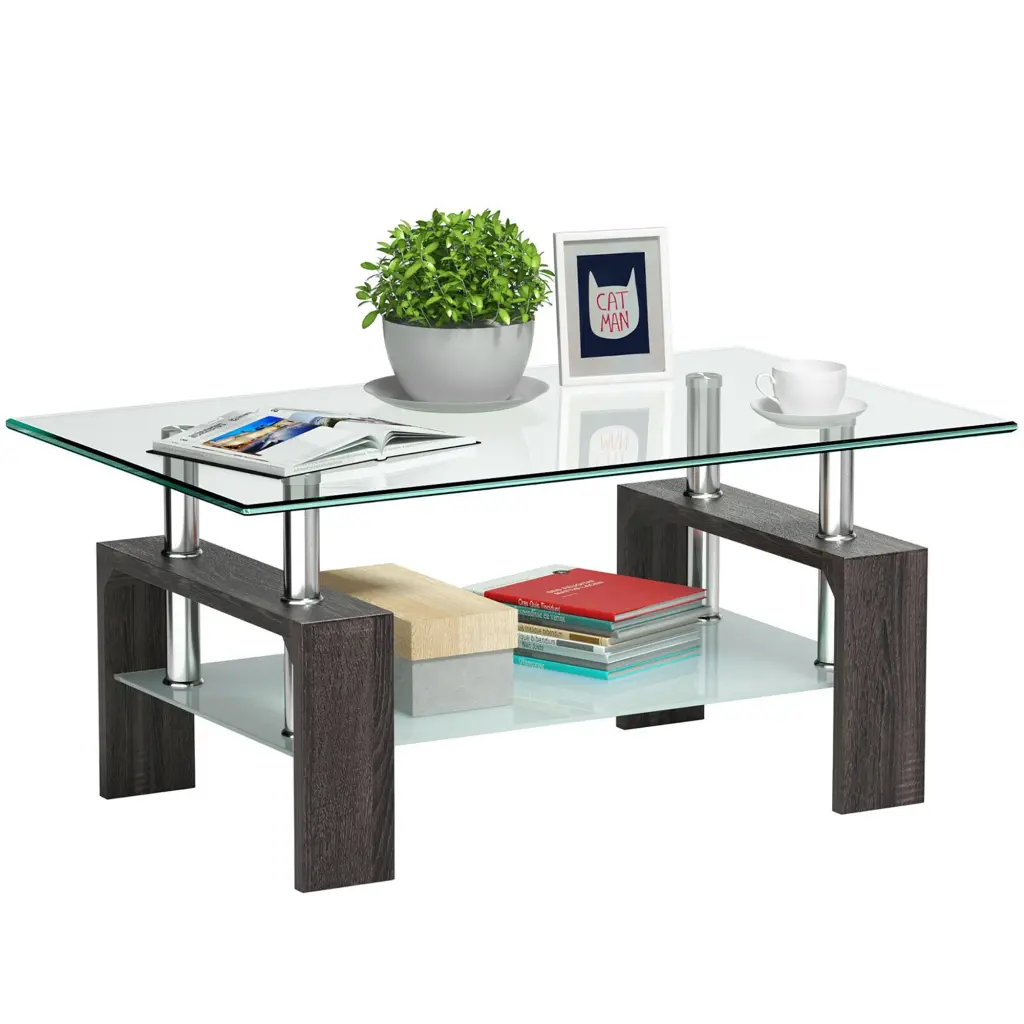 Wood Coffee Table Tempered Glass Top Rectangular Design Shelf Modern Home Furniture Costway