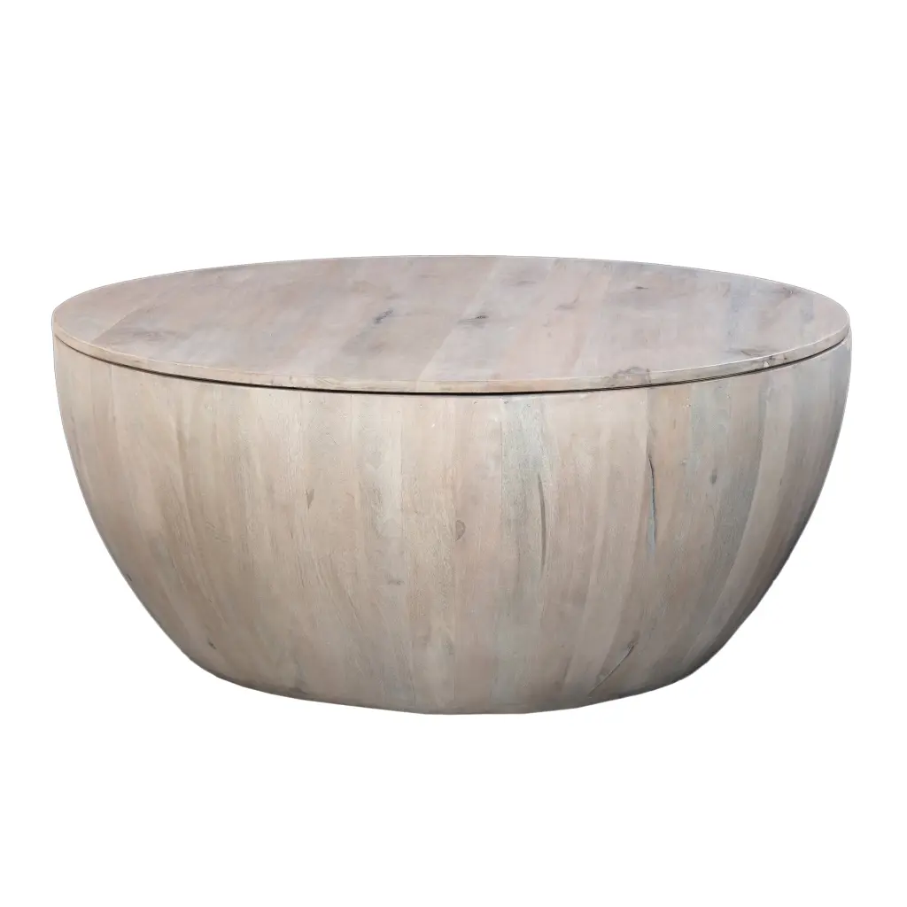 DeeHome 37 Inch Round Coffee Table, Handcrafted Drum Shape Storage, Washed White Mango Wood, Unique Design