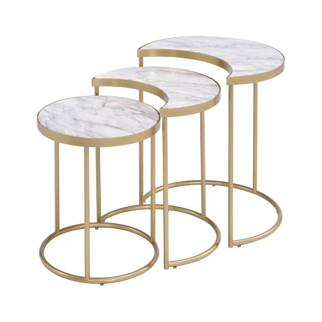24 Gold and Faux Marble Round Nested Coffee Tables - Metal and Paper Veneer Set Generic