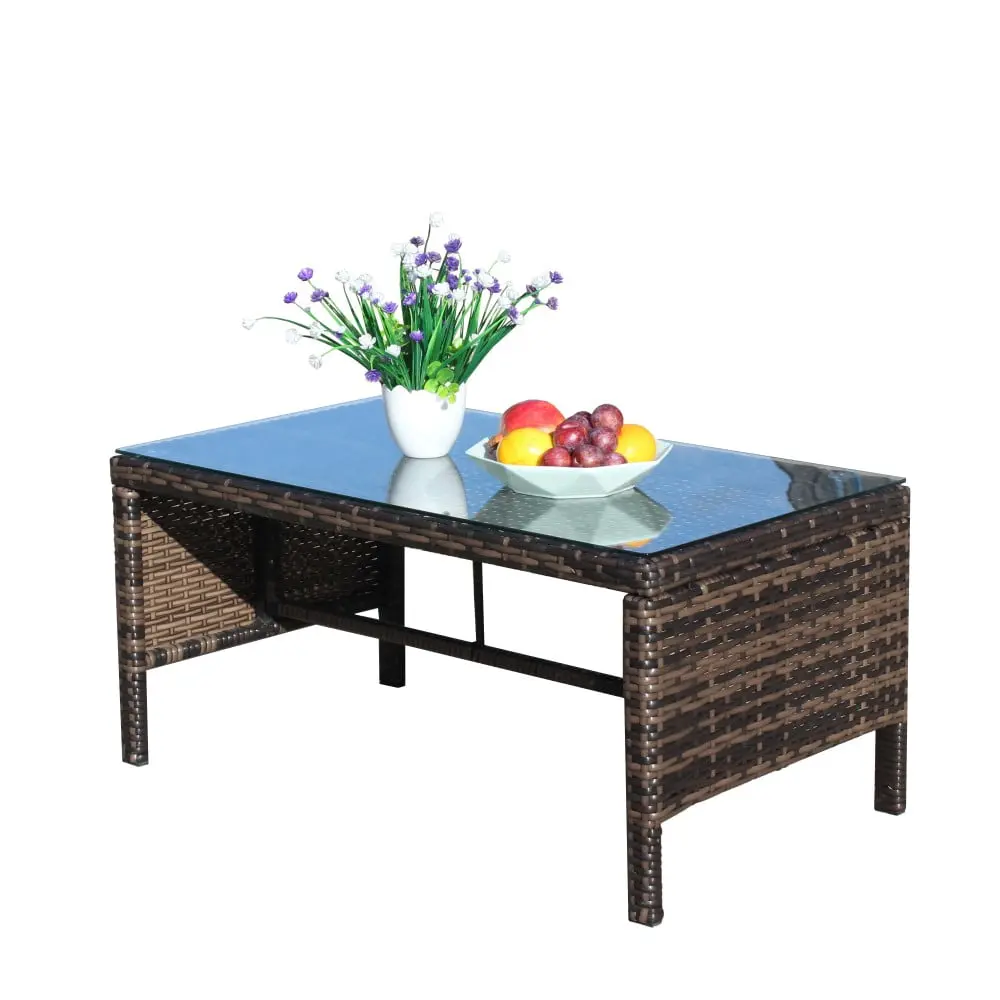 Outdoor Coffee Table Clear Tempered Glass Top Waterproof UV Resistant Rectangular Cocktail Table Kojooin
