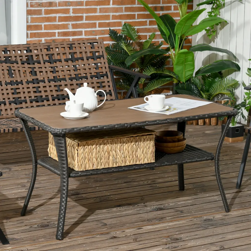 Outsunny Rattan Outdoor Coffee Table 2-Layer Storage Shelf Mixed Brown Patio Furniture MadDog Vivo
