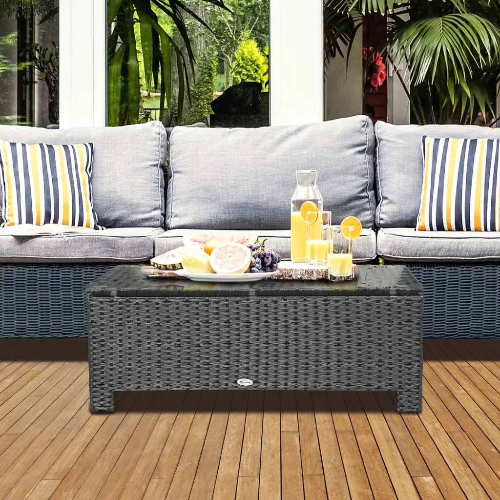 Outsunny PE Rattan Patio Coffee Table Tempered Glass Black Outdoor Furniture