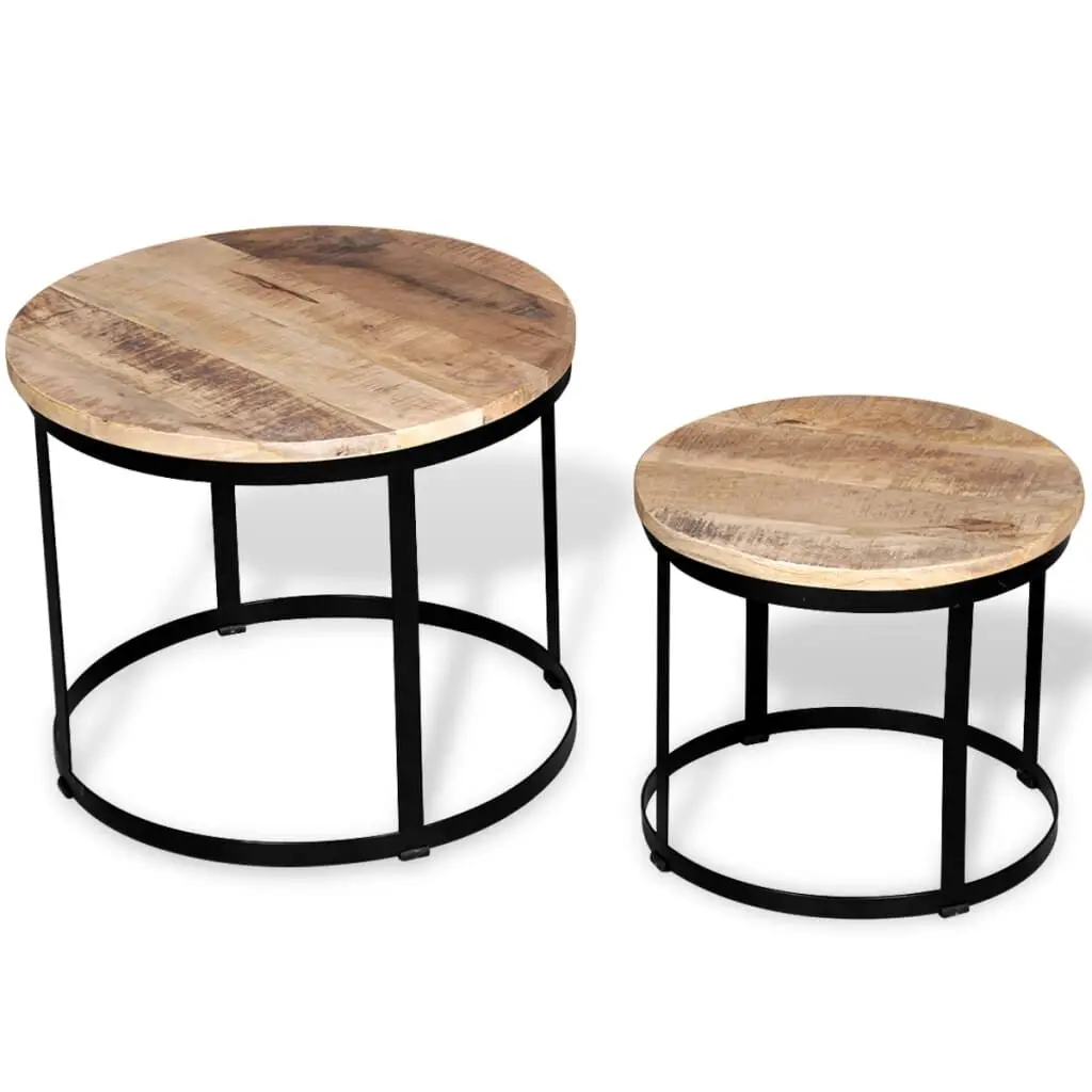 Two Piece Coffee Table Set Rough Mango Wood Round 15.7 and 19.7 Inches Nesting Tables