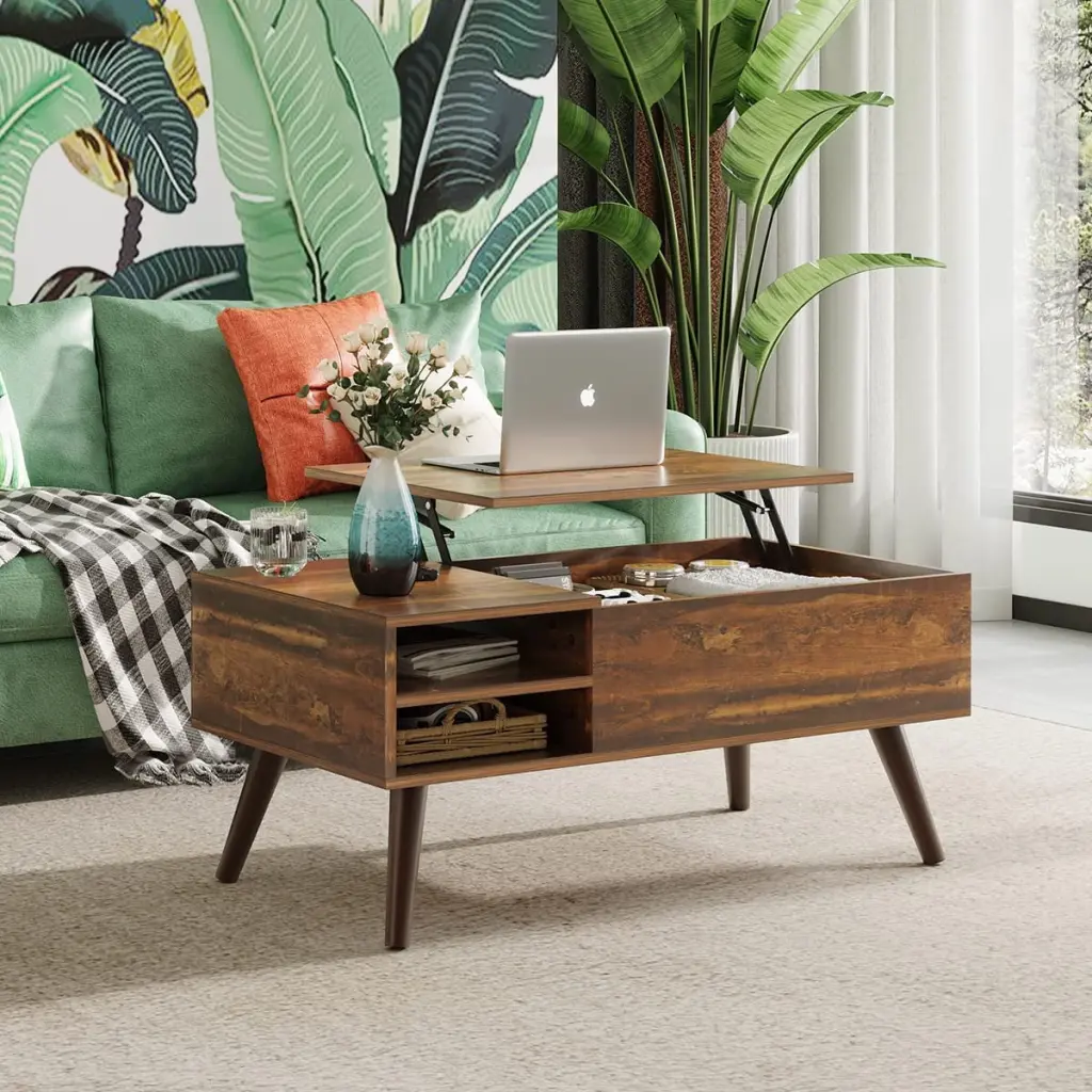 WLIVE Coffee Table Living Room Lift Top Rising Tabletop Wood Dining Center Table Storage Shelf Rustic Oak