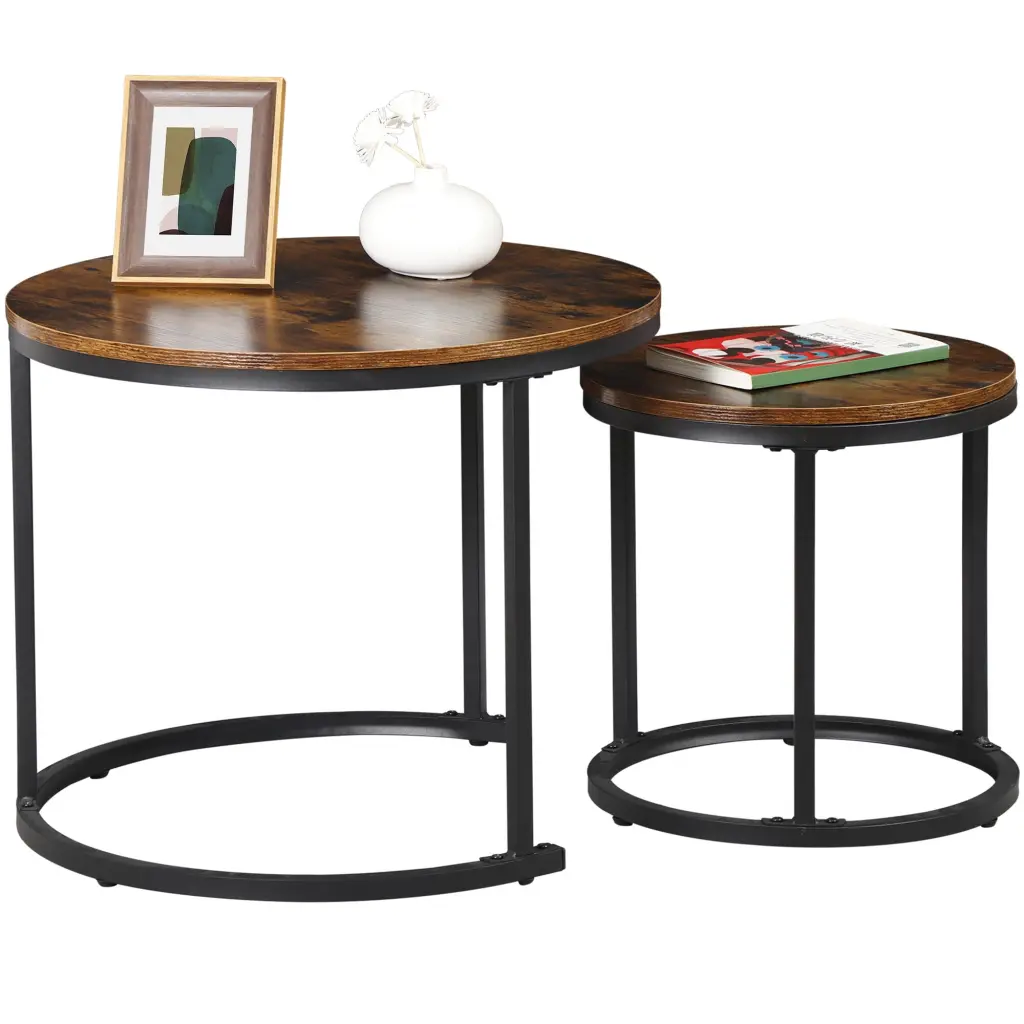 ZENSTYLE Set 2 Round Coffee Tables Metal Frame Nesting Tables Living Room Balcony Office